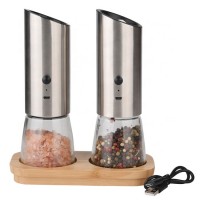 USB rechargeable electric hand portable spice salt and pepper grinder mill set of 2 with bamboo base