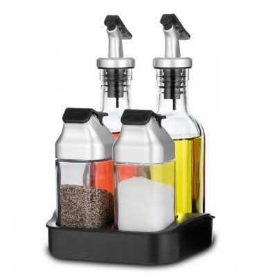 Anti-dust and Non-drip Spout Oil/ Vinegar and Spice Shaker Set with Rack for Table and Kitchen