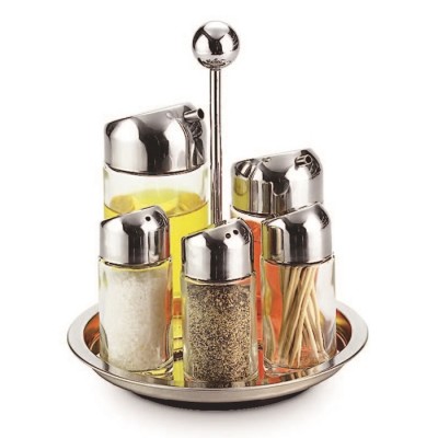 Olive Oil and Vinegar Dispenser Set  and Salt Pepper Shakers in stainless steel Stand for your table