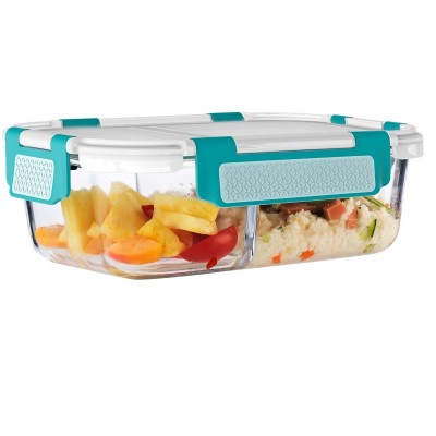 BPA Free 45OZ Full Divided Glass Lunch Box with Flexible Lid, Borosilicate Glass Food Storage Container with Leak-Proof Lid