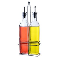 Sino Glass Square Shape Auto Open and Seal Oil and Vinegar Cruet Set with Rack 500ml