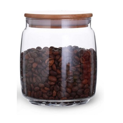 Bamboo lid air-tight belly shaped light weight glass food storage jar 0.7L